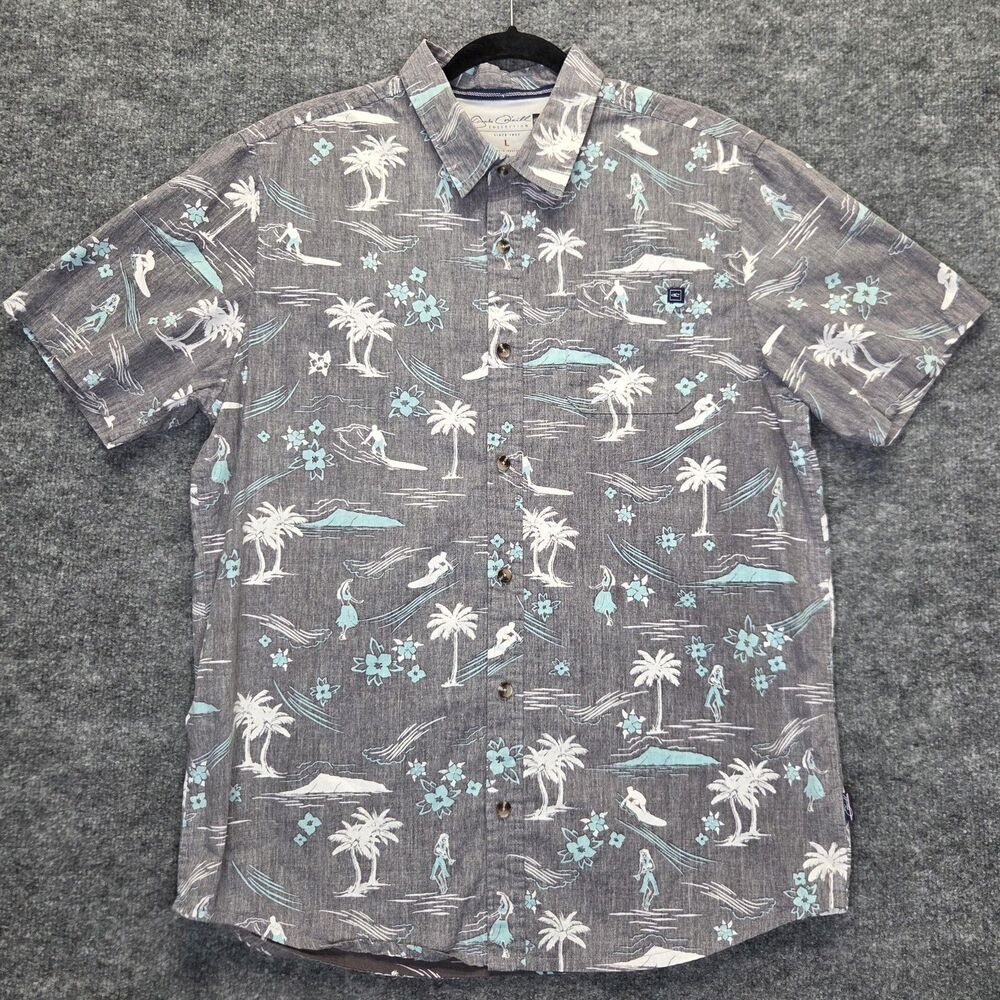 Jack O'Neill Shirt Mens Large Gray Hawaiian Surf Reverse Print Button Up Cotton